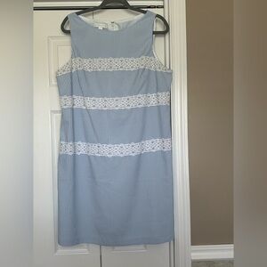 London Times Blue & White Seersucker Sheath Midi Dress Sleeveless, Size 14.